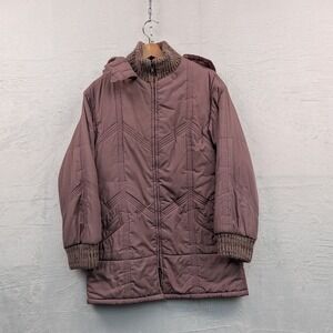 VTG Portrait Puffer Parka Jacket Women's M Mauve Quilted Knit Trim Retro 80s